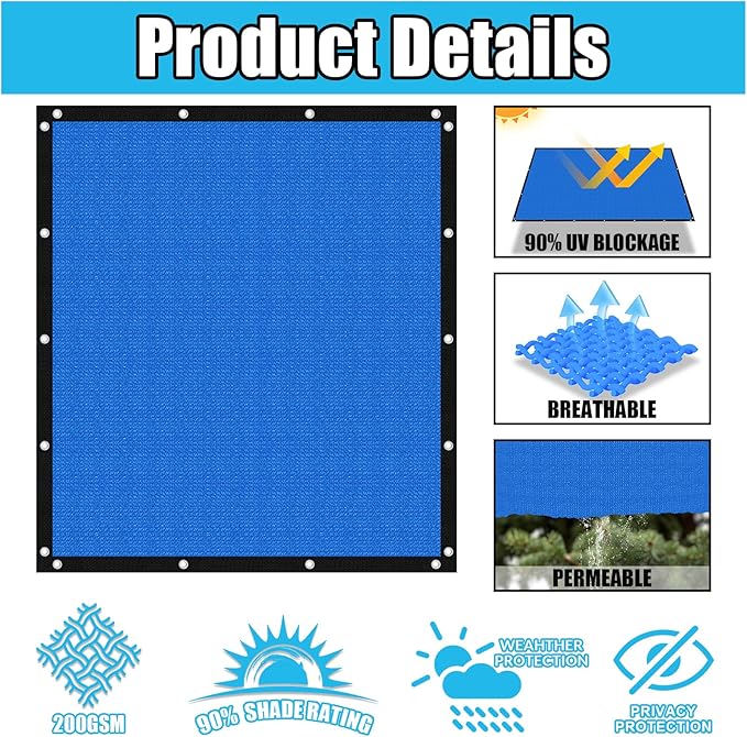 Amagenix 90% Pergola Shade Cover 9' X 24' Sun Shade Cloth with Grommets for Outdoor Garden Patio Porch, Commercial Grade 200 GSM - Cable Zip Ties Included (We Customized) GN108, Blue