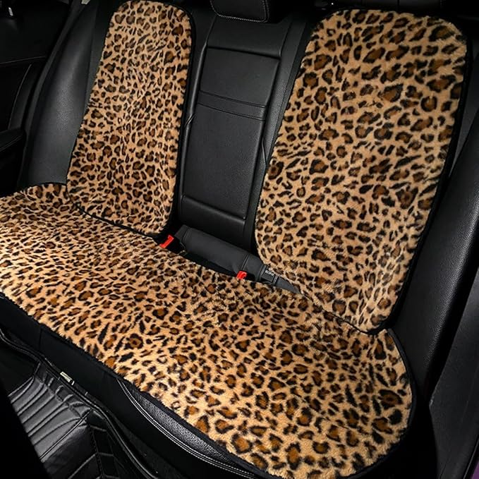 Leopard Print Car Seat Covers Fluffy Front Rear Car Seat Covers Set Lumbar Support Pillow Car Accessories for Women (backrest) (Front seat Cover)
