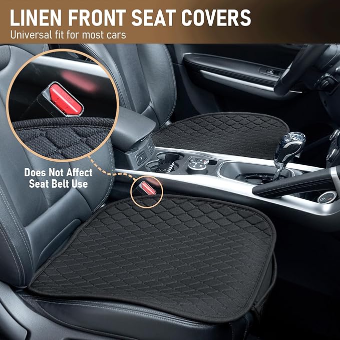 Linen Car Seat Covers for Cars - Non-Slip and Soft, 2 PCS Bottom Seat Cover Protectors with Storage Pocket, Linen Front Seat Covers Used for SUVs, Cars, Sedans (Black)