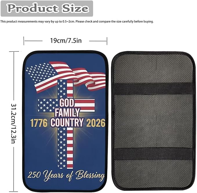 Dreaweet 250th Anniversary Center Console Cover God Family Country Cross Flag Print Car Arm Rest Cover Universal Fit Scratch & Wear Resistant Armrest Cover for Car Truck SUV