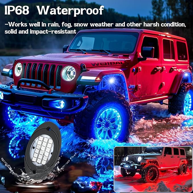 6 Pods RGB LED Rock Lights, Underglow Multicolor Neon Light Kit Wheel Well Light with APP Control & Music Mode, Under Glow Lights for Trucks,Jeep,SUV,Golf Cart,ATV,Pickup Off Road,12 V