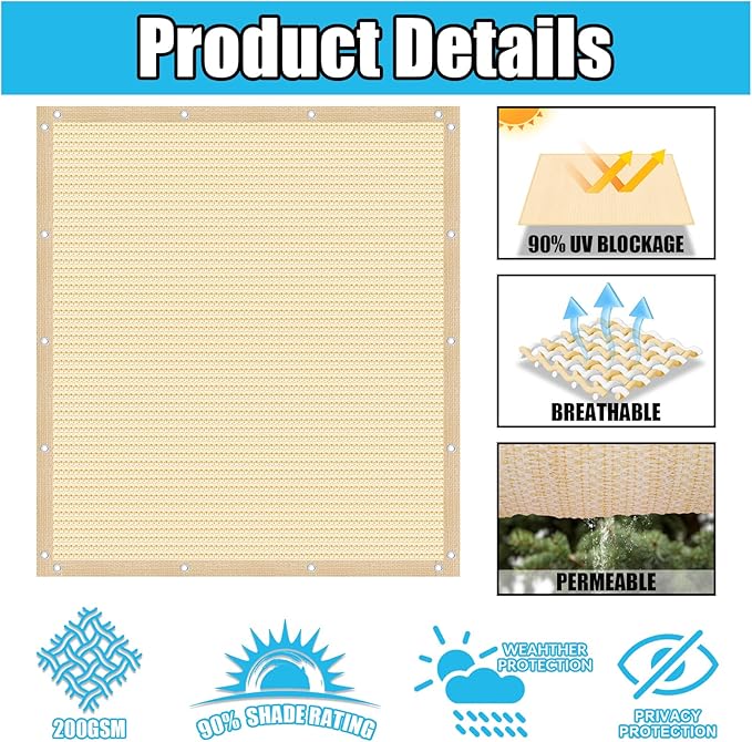 Amagenix 90% Pergola Shade Cover 5' X 12' Sun Shade Cloth with Grommets for Outdoor Garden Patio Porch, Commercial Grade 200 GSM - Cable Zip Ties Included (We Customized) GN108, Wheat