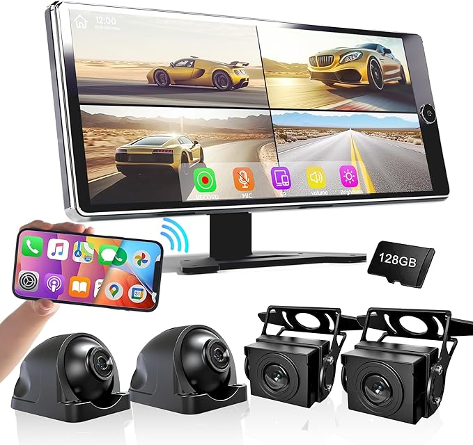 ASLONG 10.36" Wireless CarPlay Screen for Car & 4K 4CH Dash Cam with Android Auto, Portable HD Touchscreen Car Stereo with 1080P Backup Camera, GPS Navigation Mirror Link for Semi Trailer Truck