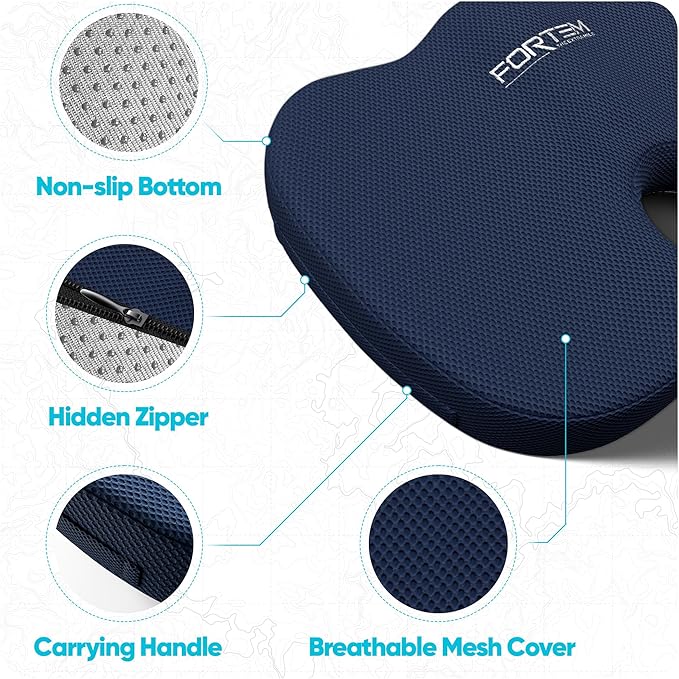 FORTEM Seat Cushion, Office Chair Cushion, Desk Chair Memory Foam, Sciatica Coccyx Tailbone Pain Relief, Pressure Relief, Sitting Pad, for Long Gaming & Sitting, Washable Cover, Non Slip, XL