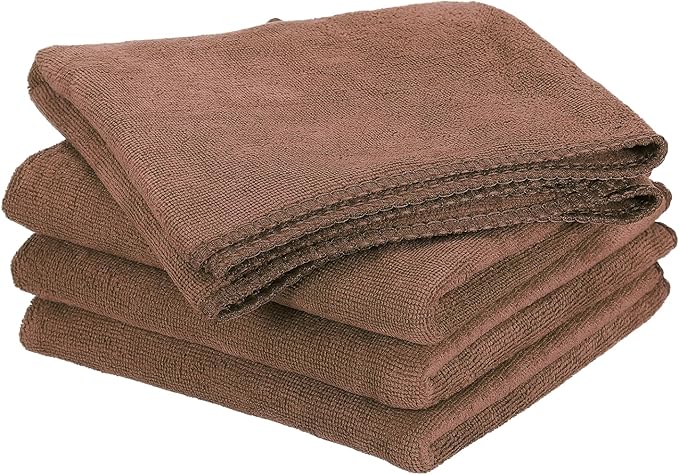 HARFINGTON 4 Pack Microfiber Cleaning Cloth, 20" x 10" Multi-Functional Cleaning Towels Reusable Absorbent Rags for Car Wash Kitchen Household Window Clean, Brown