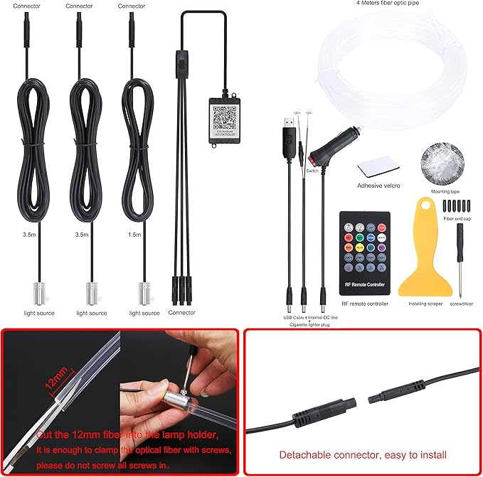 Car Ambient Lighting Optic Fiber 64 Colors Music Sound Active with RF Remote Control + APP Control Car Decorative Atmosphere Lighting Kit DC 12V 1W 4m