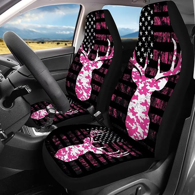 KEIAHUAN Camo Deer Hunting Car Seat Covers 4pcs Full Set Pink Front and Rear Bench Protector Fit Most Vehicle, Cars, Sedan, Truck, SUV and Van Auto Interior Accessories