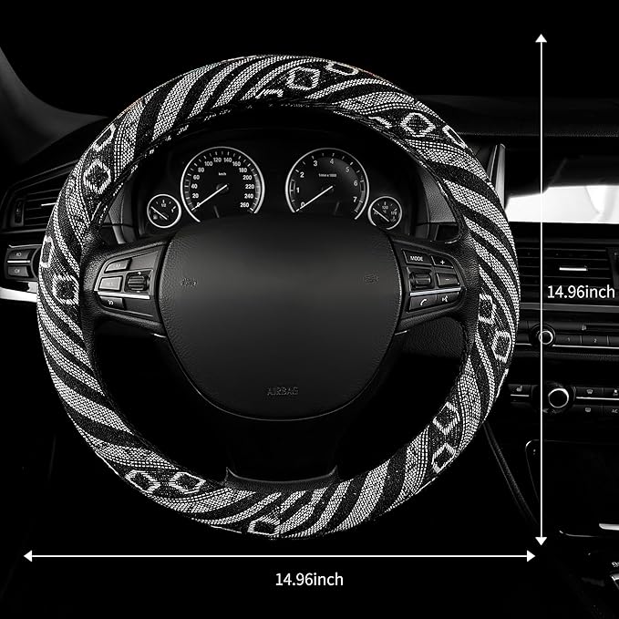 GXT 15 inch New Baja Blanket Car Steering Wheel Cover Universal Fit Most Cars Automotive Ethnic Style Coarse Flax Cloth (Black White)
