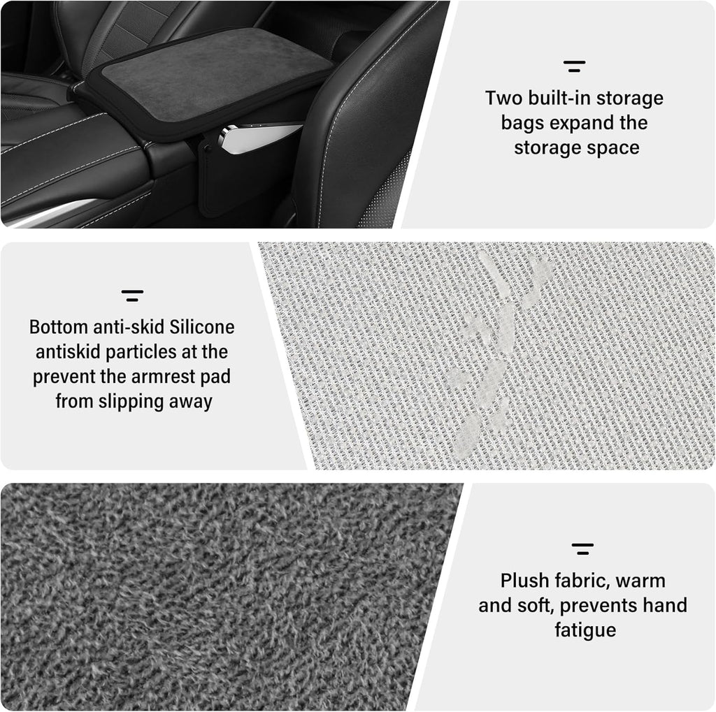 SINGARO Car Leather Center Console Cover with 2 Storage Bags, Universal Furry Fluffy Car Armrest Seat Box Pad, Comfortable Car Interior Accessories, Fits for Most Vehicles (Black)