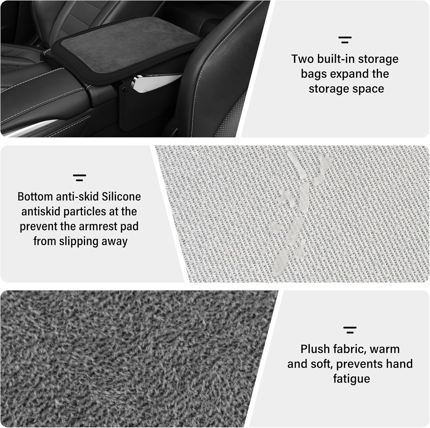 SINGARO Car Leather Center Console Cover with 2 Storage Bags, Universal Furry Fluffy Car Armrest Seat Box Pad, Comfortable Car Interior Accessories, Fits for Most Vehicles (Black)