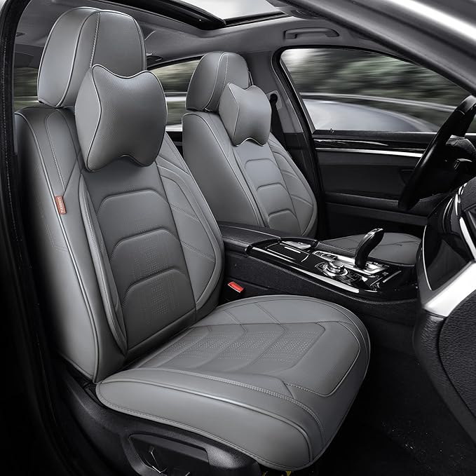 Grey Car Seat Covers Front Pair, Breathable Leather Automotive Front Seat Covers & Headrest for Reduce The Driving Fatigue, Compatible with Most Cars Sedans SUV Pickup Trucks