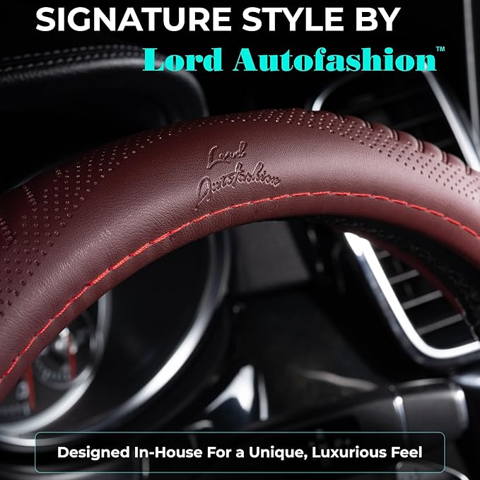 Lord Autofashion Steering Wheel Cover – PU Leather, Non-Slip Rubber Inner, All-Season Comfort – 14.5–15 Inch (Maroon 9356)