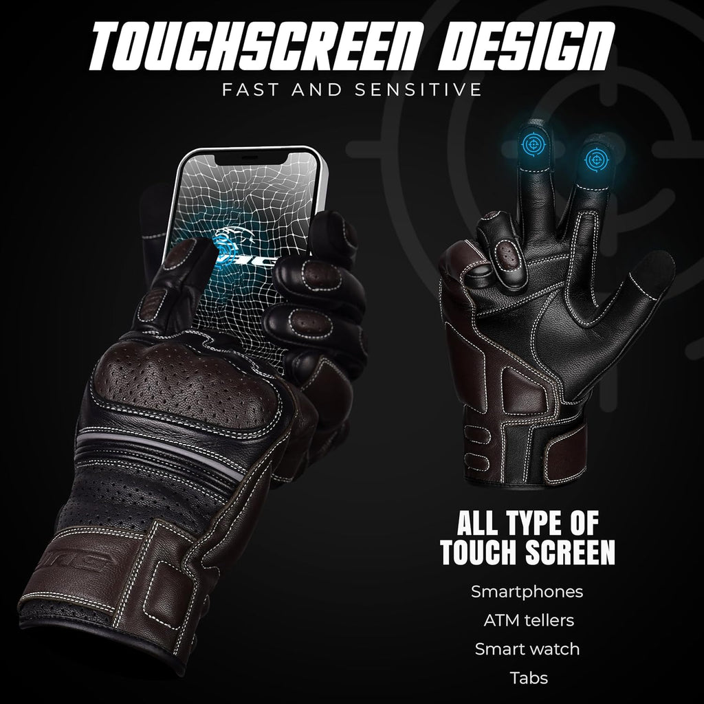 J.A.G. Motorcycle Gloves - Premium Leather Perforated Motorcycle Gloves for Men with Knuckle Protection | Touchscreen Motorbike Riding Gloves