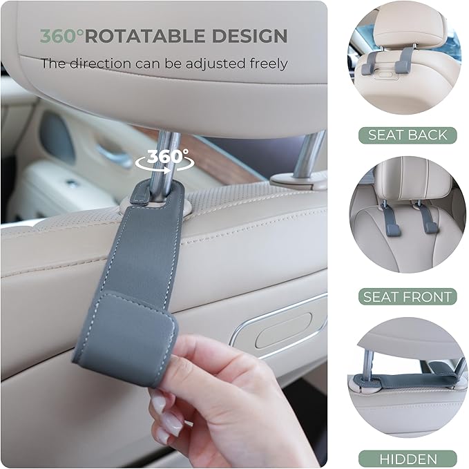 Purse Holder for Car, 2 Pack Upgraded Car Seat Hooks for Hanging Purse and Bag, Leather Headrest Hooks for Car Back Seat, Car Organization Accessories (Gray)