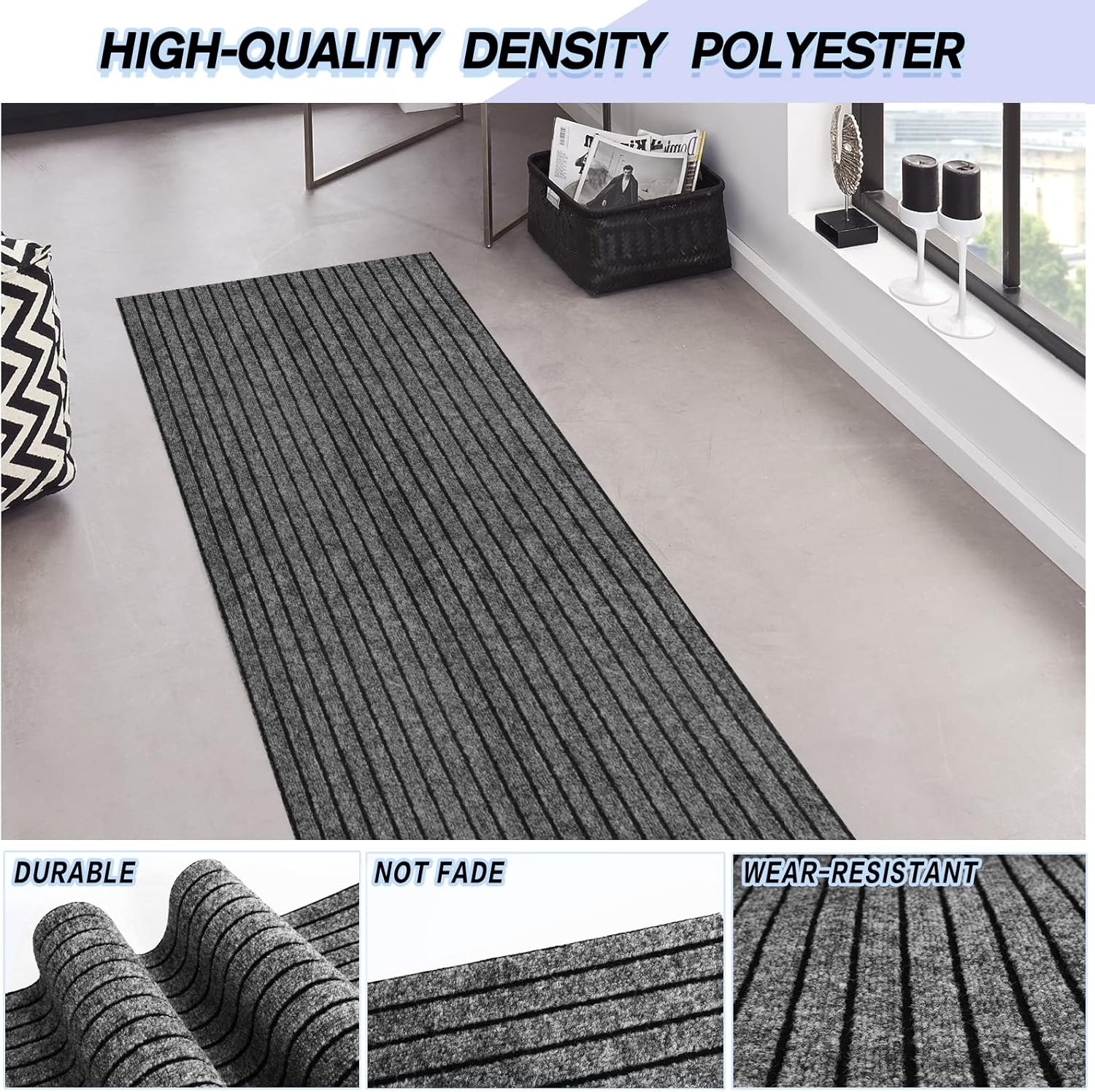 Custom Size Backed Non-Slip Area Rugs Runner, Easy Clean, Waterproof Runner Rugs for Hallway Entryway, Kitchen, Laundry, 2FT x 33FT, Gray Stripe