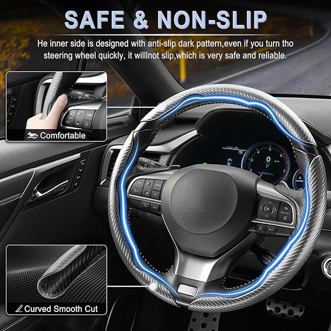 Amiss 3pcs Carbon Fiber Anti-Skid Steering Wheel Cover, Waterproof & Segmented Butterfly Design, Universal 99% Vehicle Wheel Cover Protector, Car Interior Accessories (Gray)