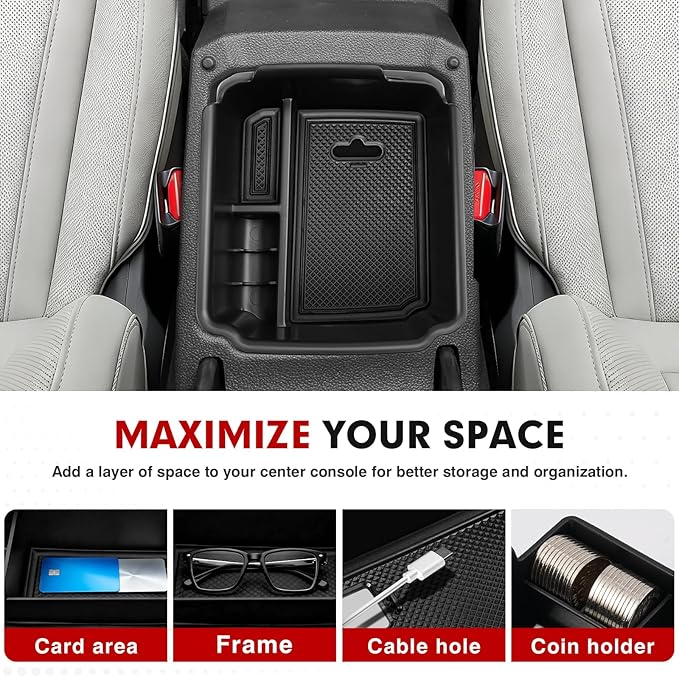 Autorder Center Console Organizer for 2022-2026 Volkswagen Taos/ 2018-2024 VW Tiguan,Taos/Tiguan Interior Accessories Armrest Storage Box Secondary Insert Tray with Non-Slip Silicone Mats