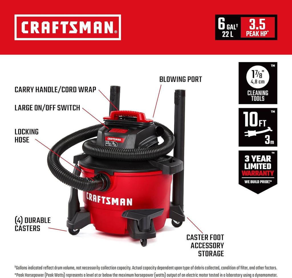 CRAFTSMAN CMXEVBE17584 6 Gallon 3.5 Peak HP Wet Dry Vac, Portable Shop Vacuum Wet and Dry with Filter, Dust Bag, Hose and Attachments for Home, Garage and Automotive Cleaning