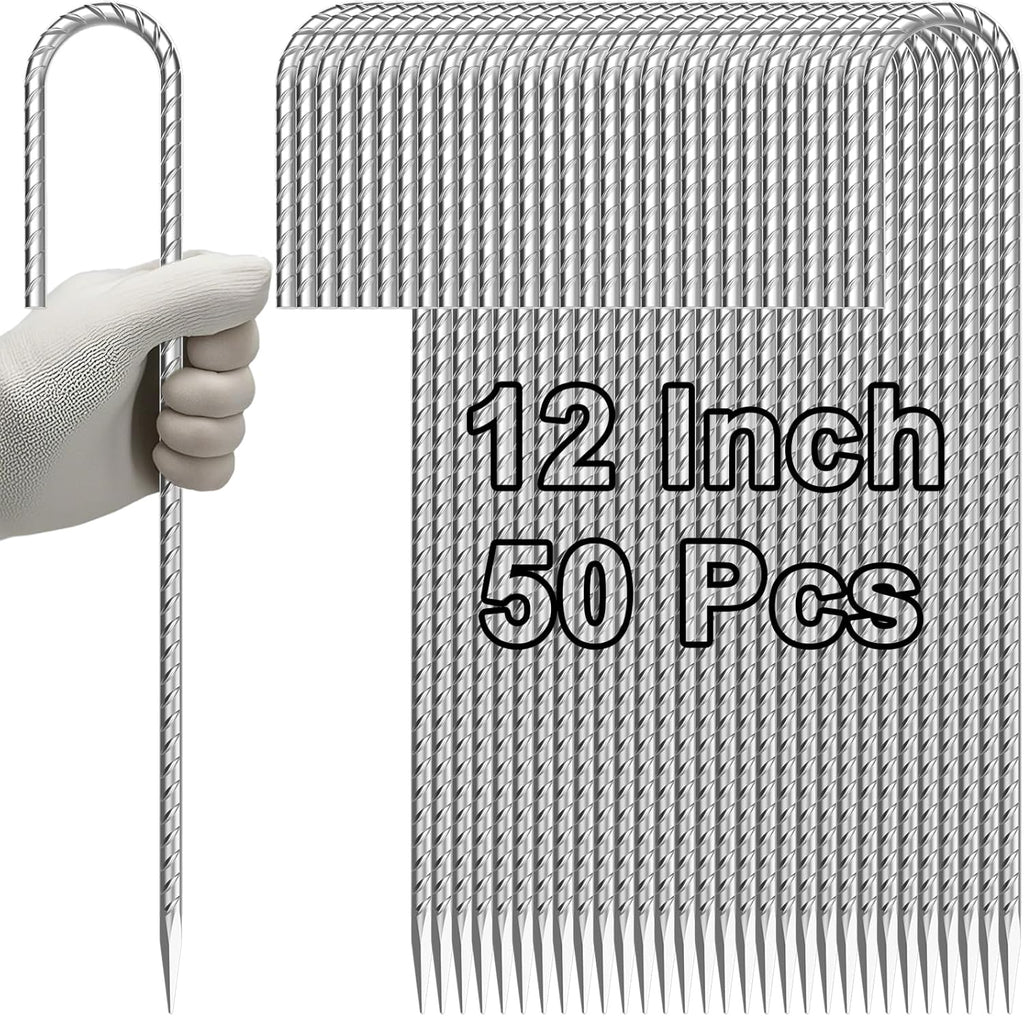 VVOKGO Rebar-Stakes-12-Inch J Hook Galvanized Tent Stakes Heavy Duty, 50-Pack Ground Chain Link Fence Anchors with Chisel Point End for Gazebo, Camping Tents, Outdoor Inflatables Decorations