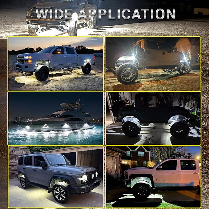 12 Pods Pure White LED Rock Lights with Power Swith Wiring Harness, Waterproof Rust Proof 6600K Super Bright Pure Lighting Aluminum Underglow Kit for Truck Trailer Pickup Offroad ATV UTV