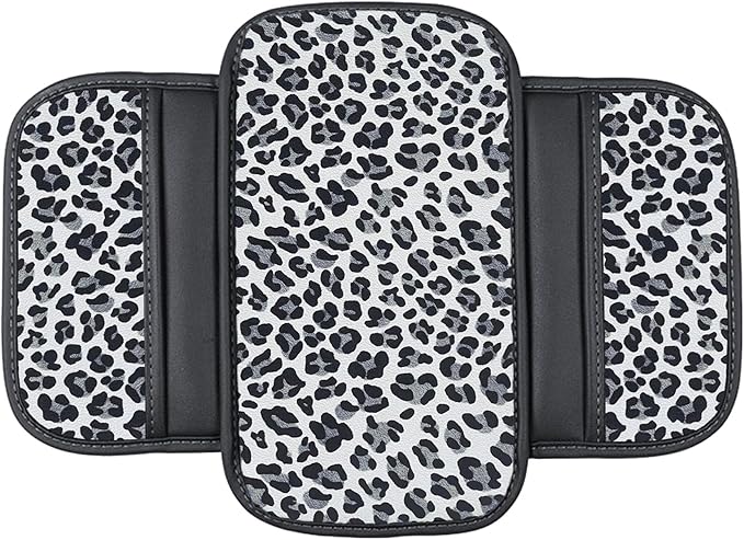 Dotesy Cheetah Print Car Center Console Cover,Microfiber Leather Car Armrest Pad Cushion with 2 Storage Bags,Universal Car Armrest Storage Box Car Interior Accessories for Most Vehicles White Leapord
