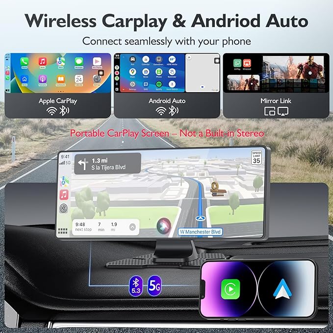 10.26" Portable Carplay Screen for Car, 4K HD Car Stereo Touch Screen with Apple CarPlay and Android Auto, 4K Dash Cam, 1080P Backup Camera, Mirror Link, Voice Control, Bluetooth, GPS, AUX/FM