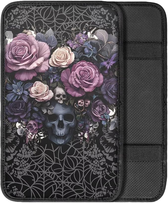 Skull Rose Print Armrest Cushion Cover for Car Dirt-Resistant & Scratch Proof Auto Armrest Seat Box Cover Protector Universal Fit Auto Interior Decor