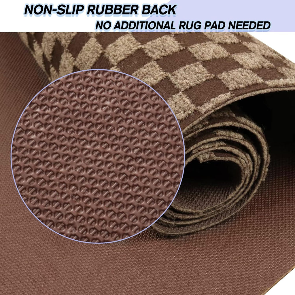 Custom Size Backed Non-Slip Area Rugs Runner, Easy Clean, Waterproof Runner Rugs for Hallway Entryway, Kitchen, Laundry, 4FT x 55FT, Brown Checkered