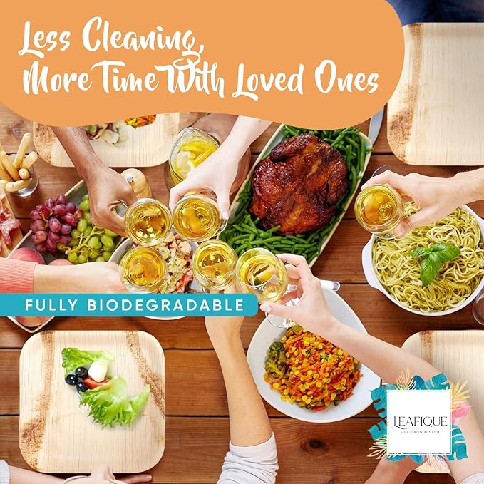 100% Natural 8” Palm Leaf Square Plate (50-pack), Compostable & Biodegradable Dinnerware for Catering, Birthdays, Cinco de Mayo, BBQs, Thanksgiving, Alternative to Paper & Bamboo Plates Disposable