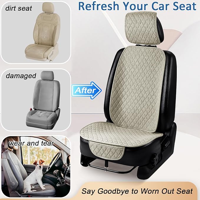 1 Pack Linen Car Seat Cover Front Seat Covers Soft & Breathable Front Premium Covers with Non-Slip Protector Universal Fits Most Automotive, Vans, SUVs, Trucks (1Pack Beige)