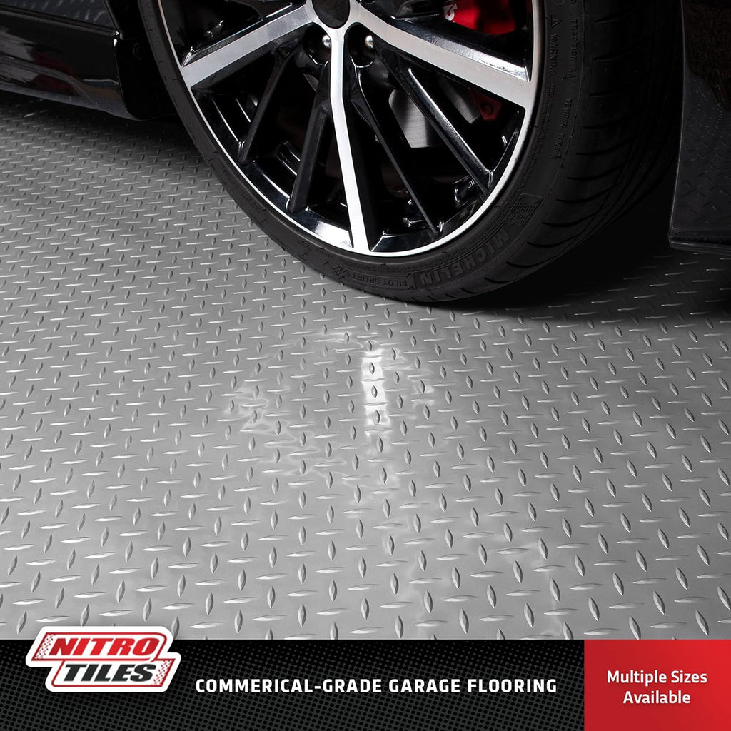 IncStores 2.5mm Thick Commercial-Grade Nitro Roll Garage Floor Mat | Flexible Vinyl Floor Mat for a Stronger and Safer Garage, Workshop, or Trailer | Diamond-Plate, Stainless Steel, 10' x 100'