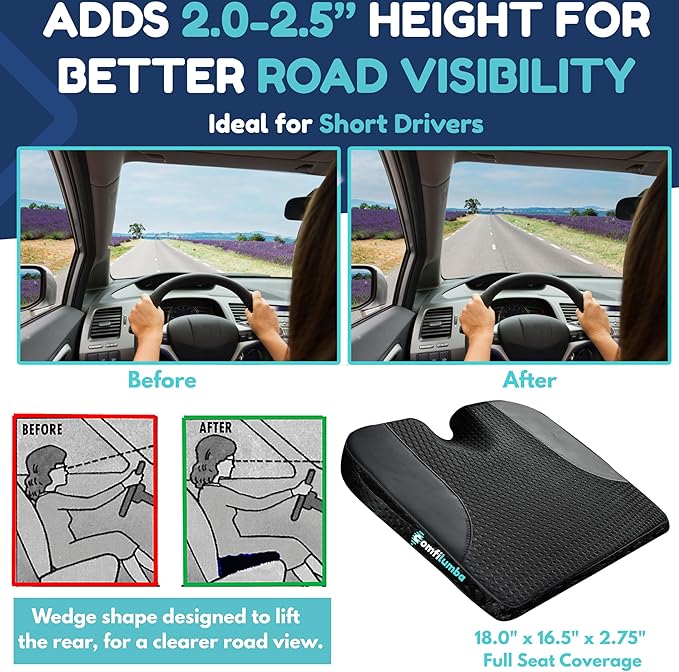 Car Seat Cushion, Extra Large Wedge Car Seat Cushion for Driving, Better Visibility, Pressure Relief Memory Foam for Sciatica & Tailbone Pain Relief, (Black Mesh)