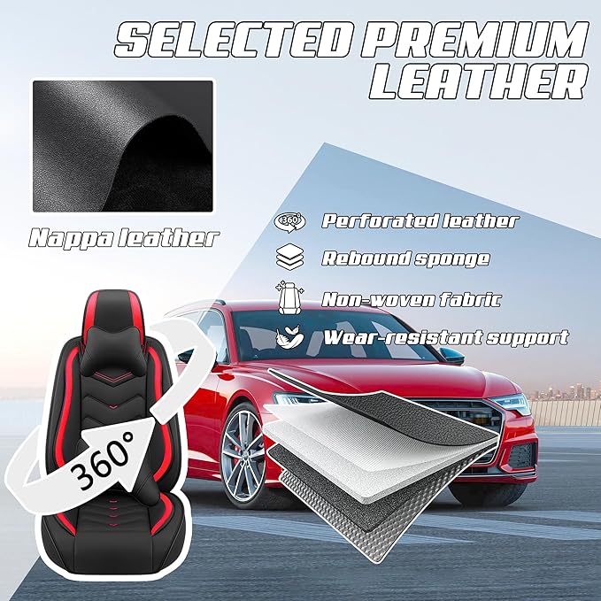 Car Seat Covers Fit for Toyota rav4 2000-2026, Stylish Sport Seat Covers, Waterproof Wear-Resistant Premium Nappa Leather Car Seat Cover.(Full Set with Pillow/Black Red)