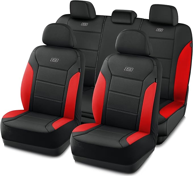 Skechers Memory Foam Car Seat Covers, Lycra Fabric Seat Covers &Thick Memory Foam, Car Seat Cover Full Sets, Airbag Compatible, Automotive Comfort Protection for Most Cars,Trucks, SUVs, Red