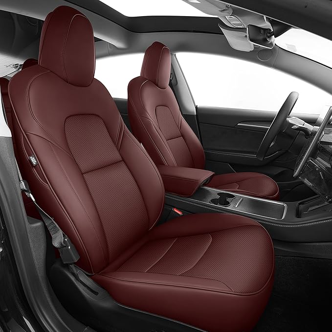 AOMSAZTO Car Seat Cover for Tesla Model 3 2017 2018 2019 2020 2021 2022 2023 Customized Faux Leather Seat Covers - Full Set Wine Red
