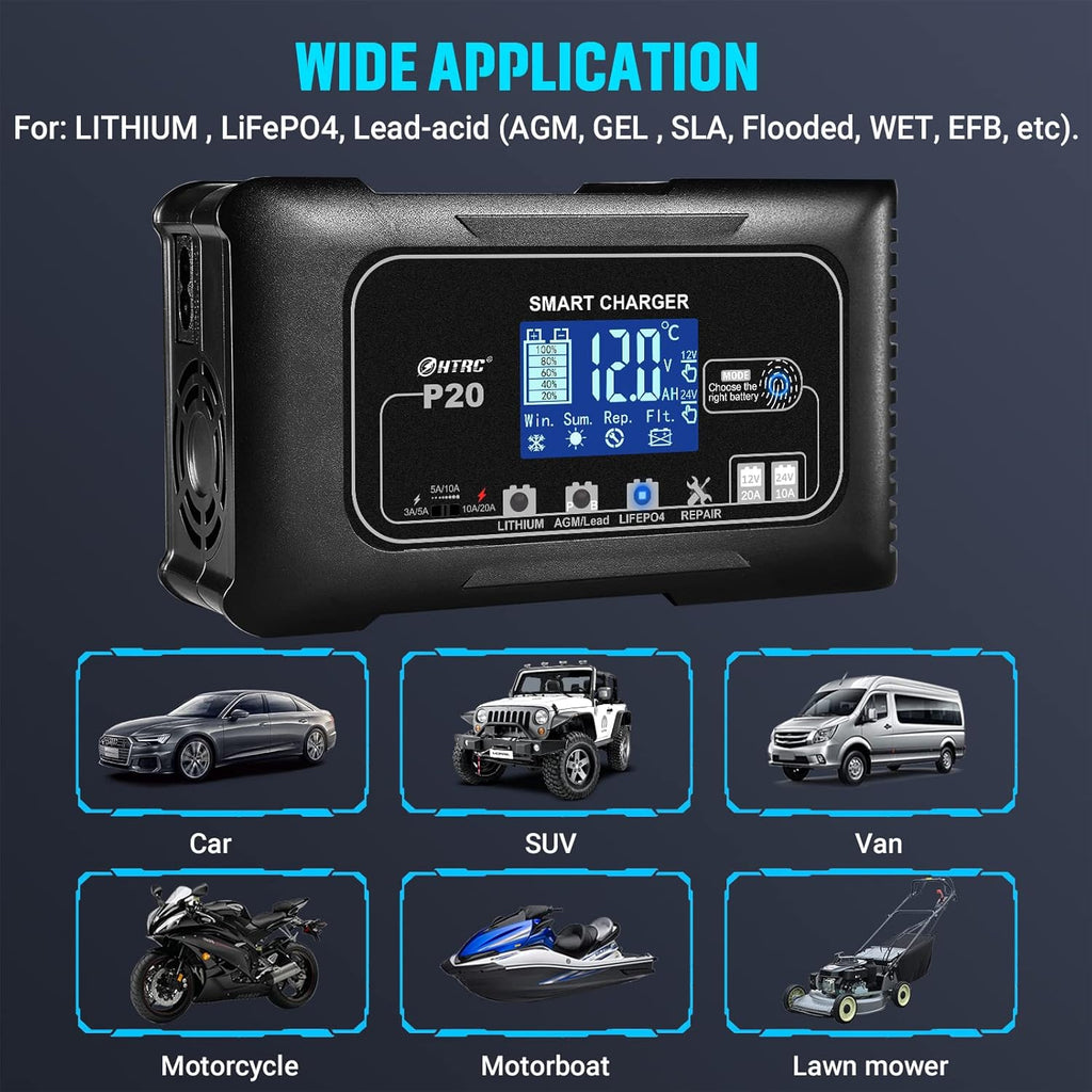 20Amp Lithium Battery Charger, 12V and 24V, Lifepo4, Lead-Acid (AGM/Gel/SLA.) Car Battery Charger, Maintainer Cycle Charger Trickle Charger Battery Desulfator for Boat, Motorcycle, Golf Cart