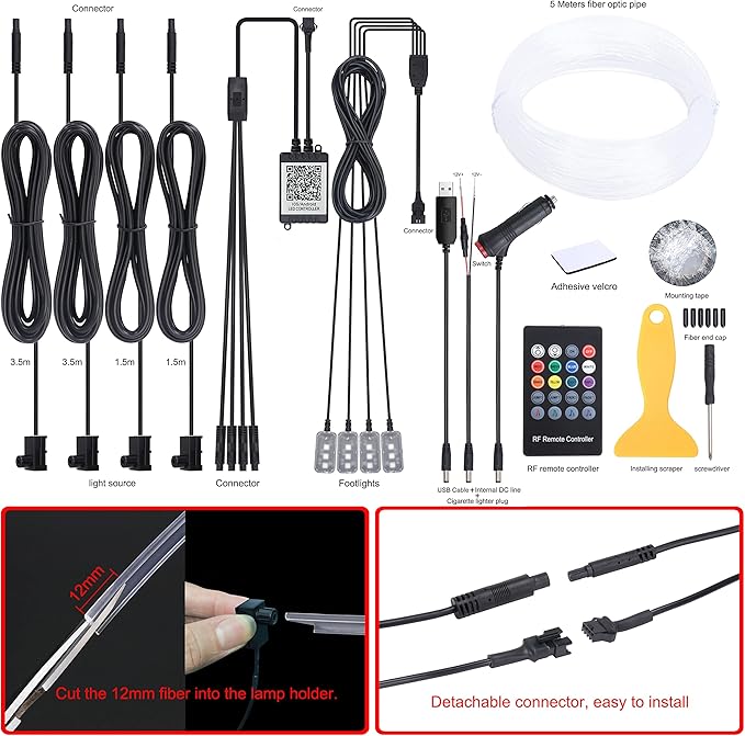 Car Atmosphere Light Kit 5m Fiber Optic Multicolor Sound Active Music Sync Memory Function RF Remote Controller + Bluetooth APP Control 64 Colors USB Car Interior Footwell Ambient Lighting Kit