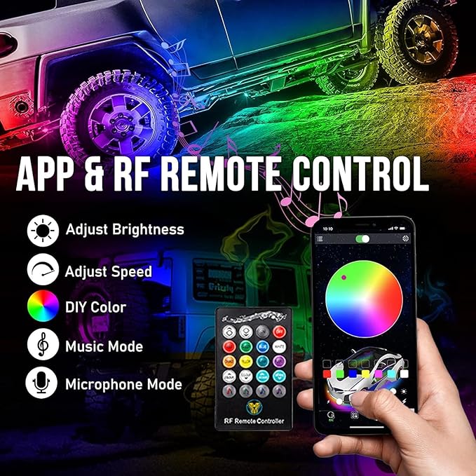 RGB LED Rock Lights Kit, 6 pods Underglow Multicolor Neon Pod with Bluetooth App Control Flashing Music Mode IP68 Exterior Wheel Well Light for Truck ATV UTV RZR SUV
