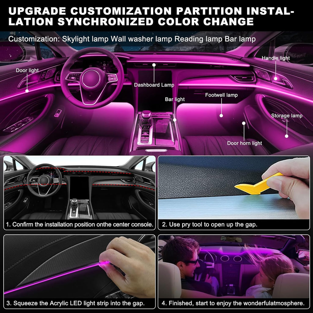 Acrylic Interior Car LED Strip Light with Wireless APP, RGB 10 in 1 with 175 inches 600 LEDs Fiber Optic Car Ambient Lighting Kits, 16 Million Colors Sound Active Function LED Strip for Car