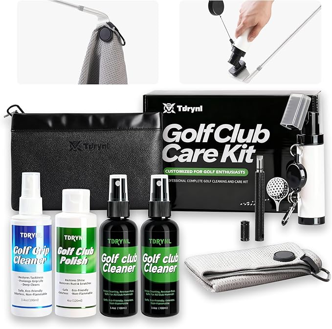 Pro Golf Club Care Kit – Cleaner, Polish, Brush, Groove Sharpener, Grip Cleaner, Magnetic Towel & Leather Bag – Restores Clubs, Removes Rust & Scratches, Renews Tackiness – Golf Gifts for Golfers