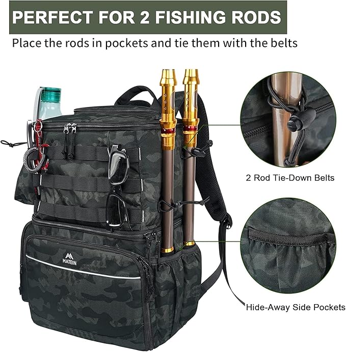 MATEIN Fishing Backpack, Water Resistant Tackle Storage Bag with Rod Holders & Cooler, Fishing Gifts for Men