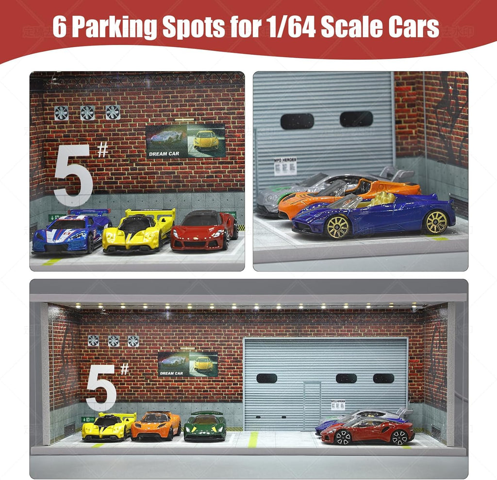 Display Case for Hot Wheels: Stackable Parking Garage for 1/64 Scale Matchbox Toy Car, FoamBoard Storage for Monster Trucks with LED Light and Acrylic Cover, Red Bricks