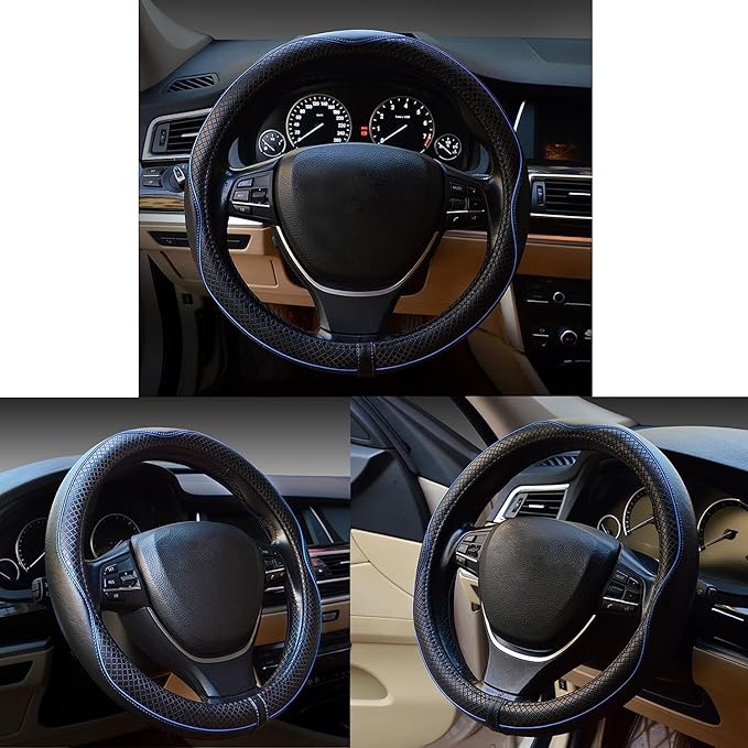 Microfiber Leather Car Medium Steering Wheel Cover,Universal Car Wheel Cover,Breathable Wheel Cover,Anti-Slip Full Surround,Sports Style Steering Wheel Covers (Black&Blue Line)