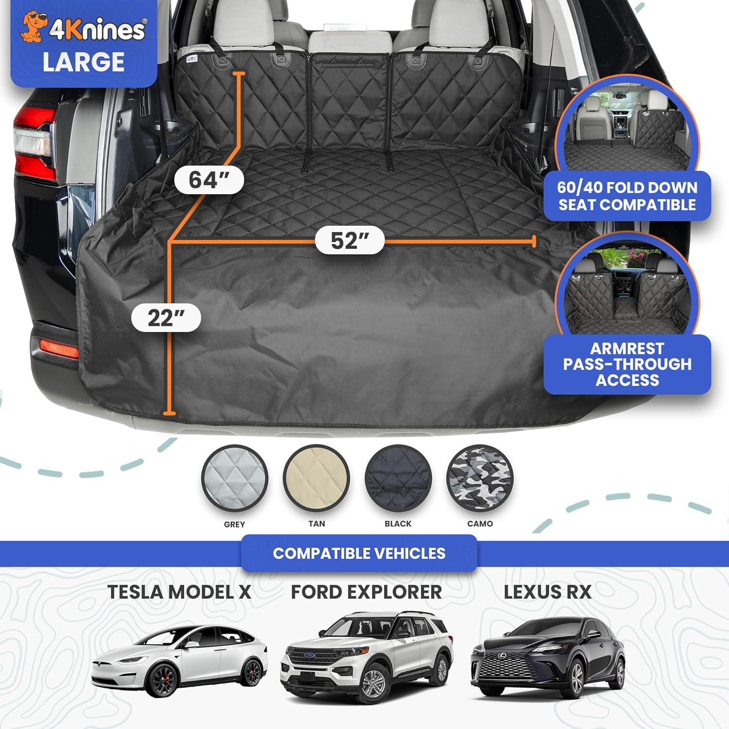 4Knines SUV Cargo Liner for Dogs, Trunk Mat for SUV, Durable Cargo Cover, Protector – Compatible with 60/40 Split Bench & Armrest Pass-Through, Waterproof, Machine Washable, Non-Slip (Large, Black)