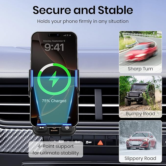 Car Phone Holder with 15W Wireless Car Charger, Car Vent Mount with Induction Opening and Closing, Air Vent Phone Stand with Horizontal and Vertical Screen Rotation Adjustment for iPhone -Sliver