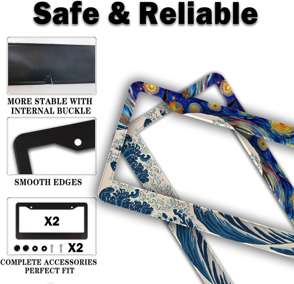 Car Plate Frames for Women Multicolor License Plate Protector for Men Starry Night Big Wave Aluminum Metal Car Accessory 2 Pack with Screw Covers Set