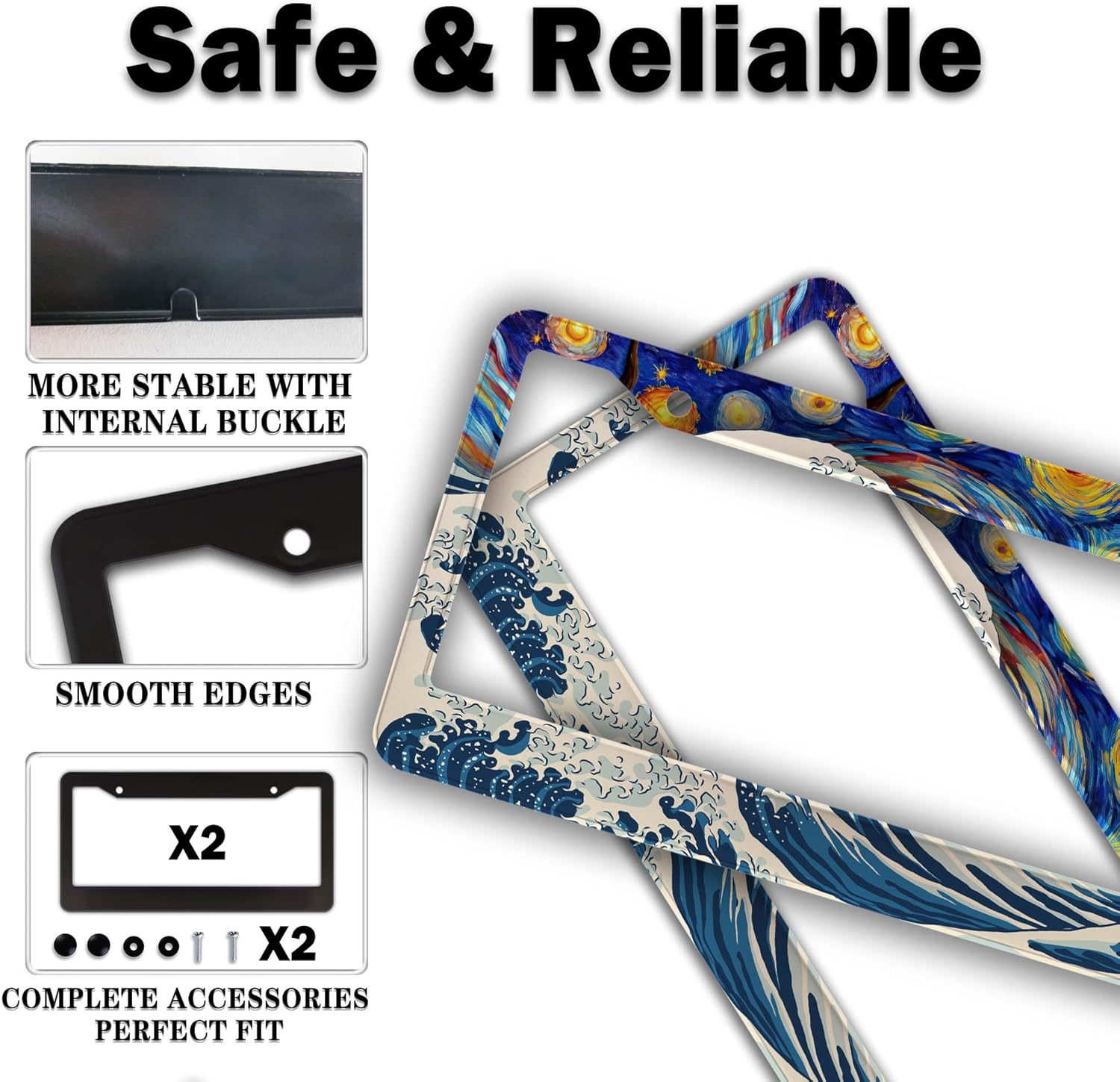 Car Plate Frames for Women Multicolor License Plate Protector for Men Starry Night Big Wave Aluminum Metal Car Accessory 2 Pack with Screw Covers Set