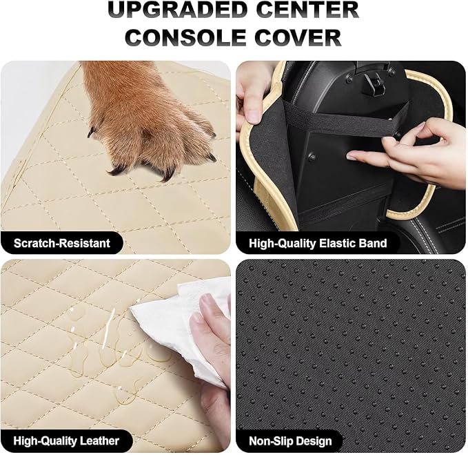 Upgraded Car Center Console Cover Fit for RAV4 Faux Leather Car Armrest Cover Cushion with 2 Storage Bags,Car Armrest Storage Box Interior Accessories(Beige&Whiteline)