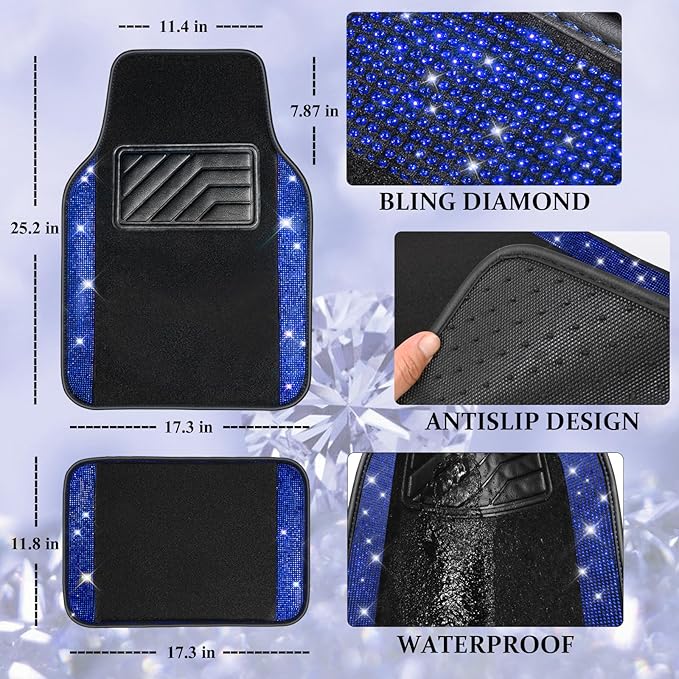 CAR PASS Bling Rhinestones Diamond Car Floor Mat,Sparkly Glitter Shining Crystal Carpet Anti-Slip PVC Heel Pad Waterproof Universal for Automotive SUV,Sedan,Van,4pcs Girl Pretty Women Men Black Blue