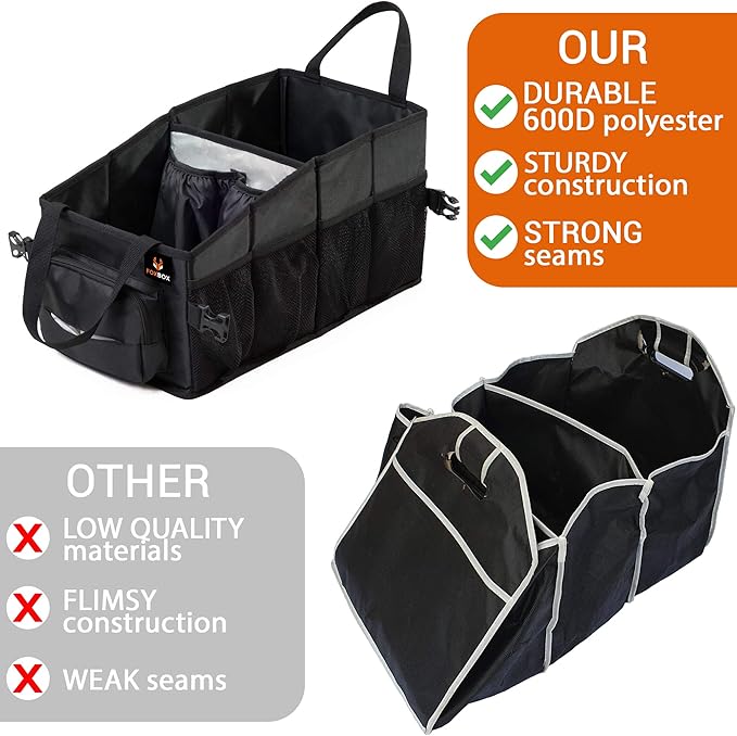 FoxBox Car Seat and Trunk Organizer, SUV Front or Back Seat Storage - Passenger Floor, Under or Between Seats Organization, Car Gifts for Men and Women (Black)